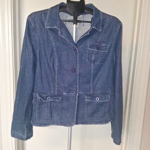 L.L. Bean Stretch Denim Blazer Jacket Large Utilitarian Lightweight Chore Jacket